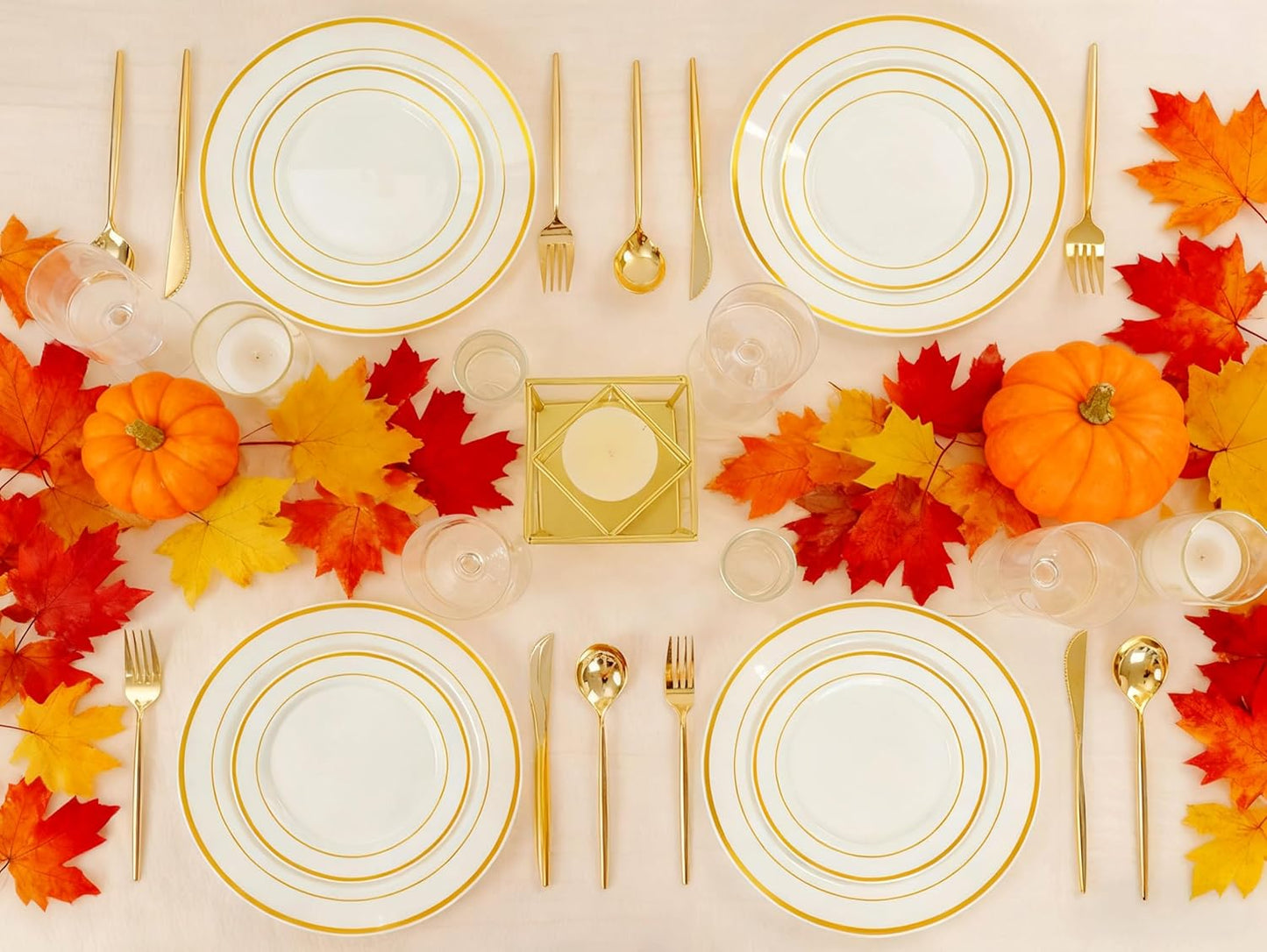 U-QE 100pcs Thanksgiving Plastic Plates for Party - Ivory Gold Plastic Plates Disposable Heavy Duty - Include 50 10" Dinner and 50 7" Dessert Plate, Perfect for Party, Wedding, Fall & Friendsgiving