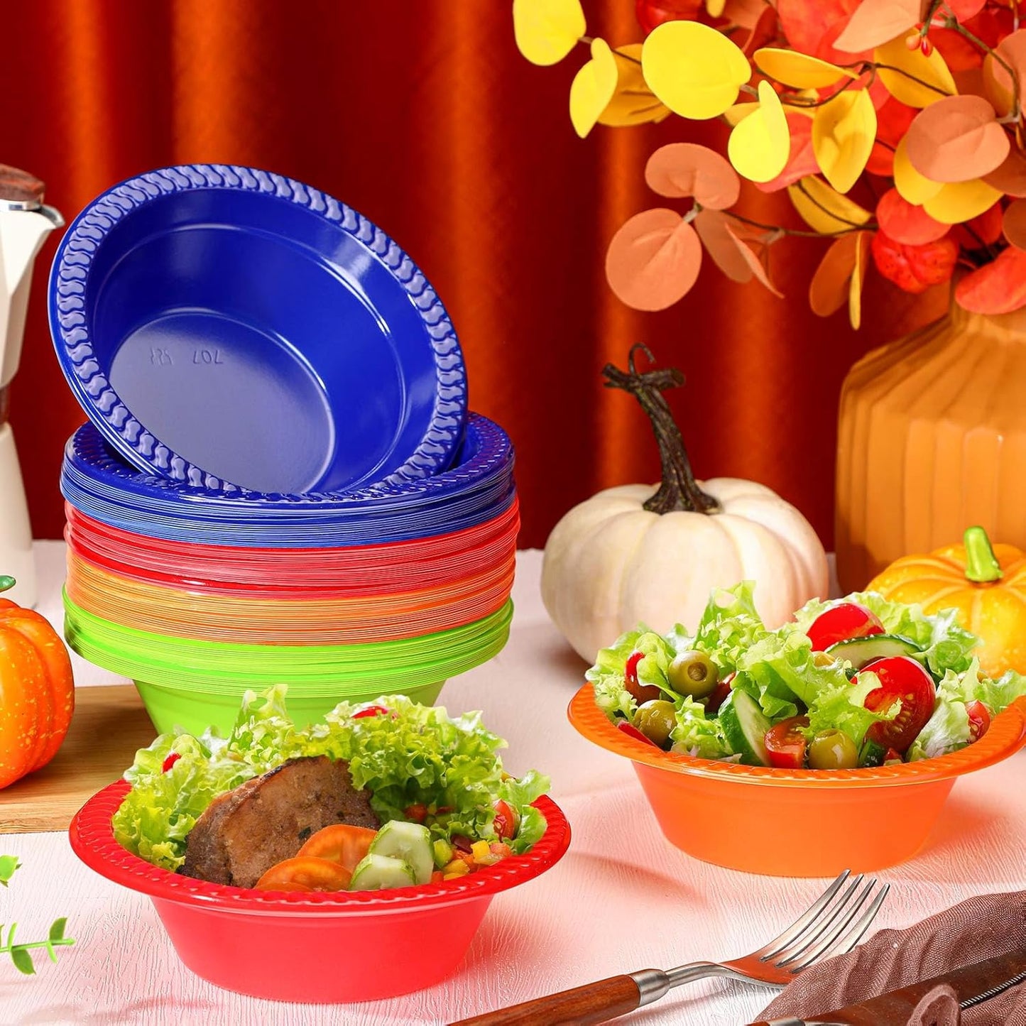 Lallisa 100 Pcs 12oz Colorful Disposable Plastic Bowls Dessert Cups Ice Cream Snack Salad Soup Food Serving Bowls for Autumn Thanksgiving Christmas Party Favor Picnic