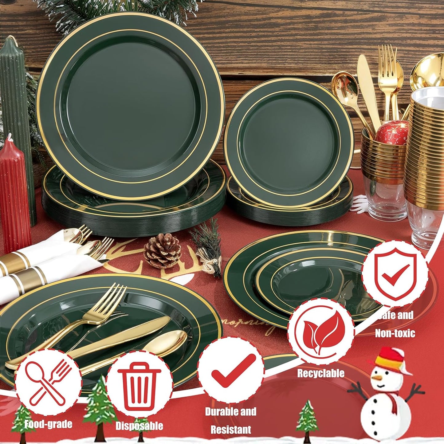350PCS Green and Gold Plates - Green Plastic Plates 50Guests Plastic Christmas Plate with Rolled Napkins for Party/Christmas/Birthday