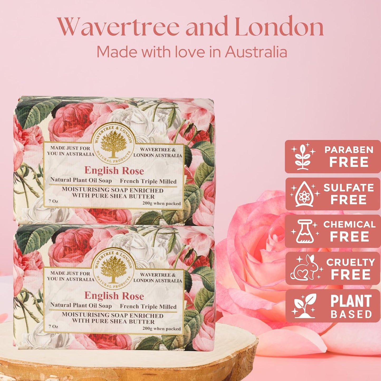 Wavertree & London English Rose Scented Natural Soap Bars for Women & Men (2 x 7oz) – Moisturizing Triple-Milled Soap Bars Enriched with Shea Butter – Plant-Based Bath & Body Bar for All Skin Types