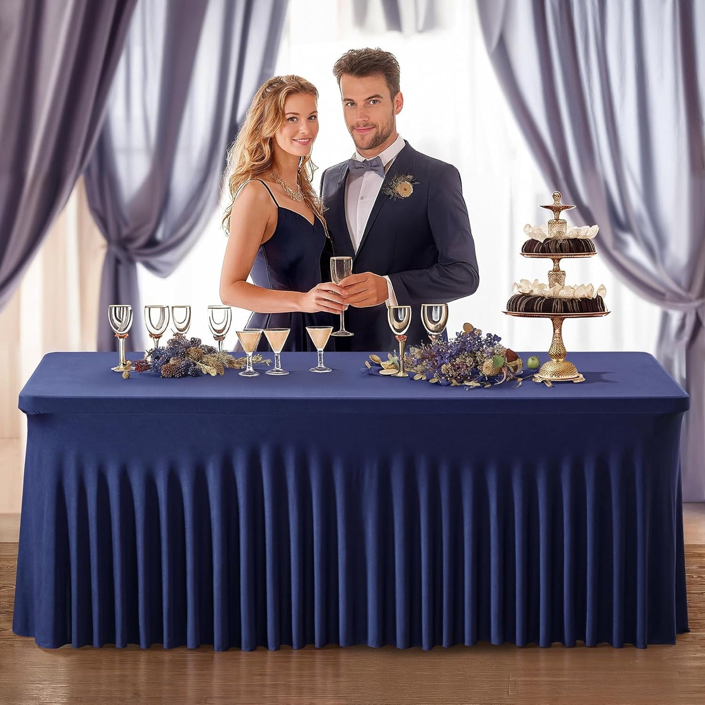 PARTISKY Navy Blue Spandex Tablecloth for 6ft Rectangle Tables, Stretchable Table Cover Skirt for Folding Tables Weddings Parties Banquets Events Trade Shows and Dessert Table