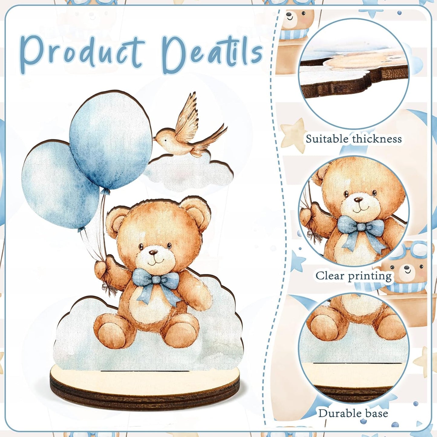 16 Pcs Wooden Baby Shower Table Centerpiece Blue Bear Tabletop Detachable Sign It's A Boy Gender Reveal Table Toppers Display Decoration Bear Birthday Photo Props Party Favor Supplies