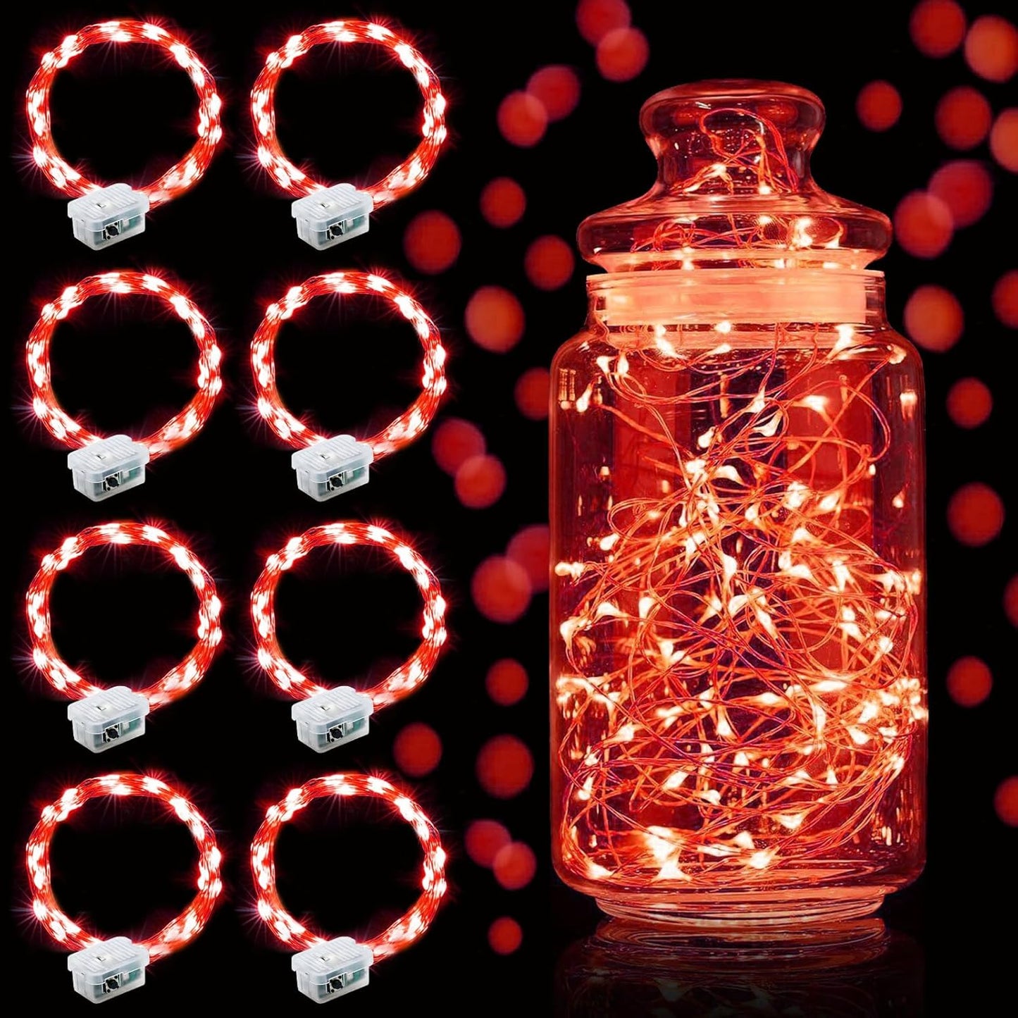 Aogist Led Fairy Lights 3 Modes Battery Operated String Lights Waterproof Silver Wire 7 Feet Firefly Starry Moon Mason Jar Lights for DIY Wedding Party Christmas (Red, 8 Pack)