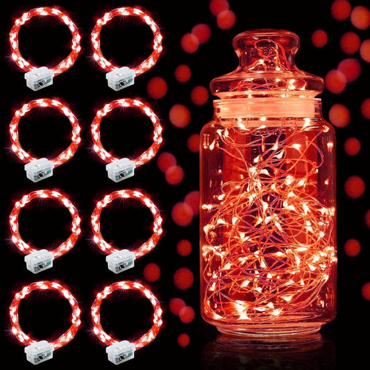 Aogist Led Fairy Lights 3 Modes Battery Operated String Lights Waterproof Silver Wire 7 Feet Firefly Starry Moon Mason Jar Lights for DIY Wedding Party Christmas (Red, 8 Pack)