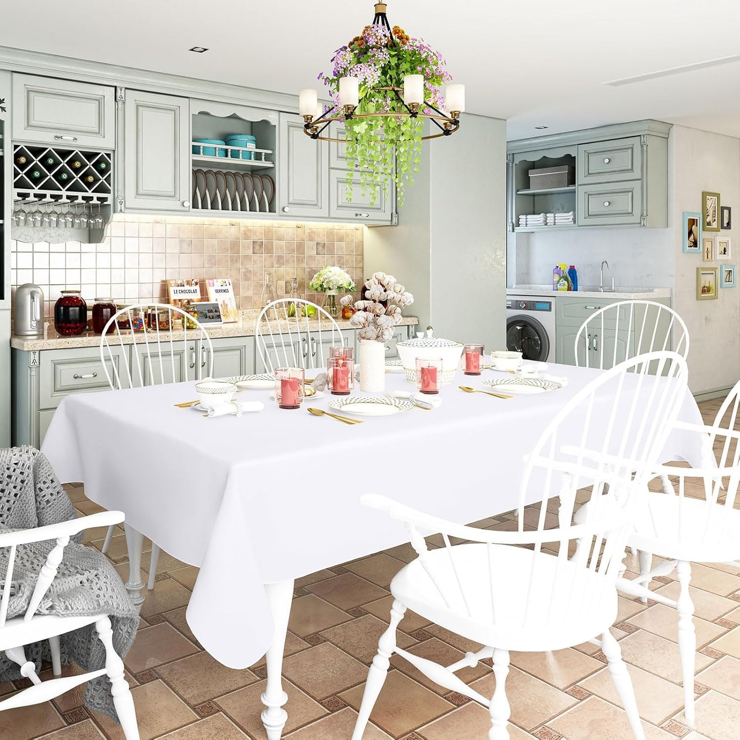 homing Rectangle Vinyl Tablecloth, Waterproof Spillproof Plastic Flannel Backed Table Cloth, Wipe Clean Table Cover for Dining, Buffet Parties and Camping (White, 54" x 78")