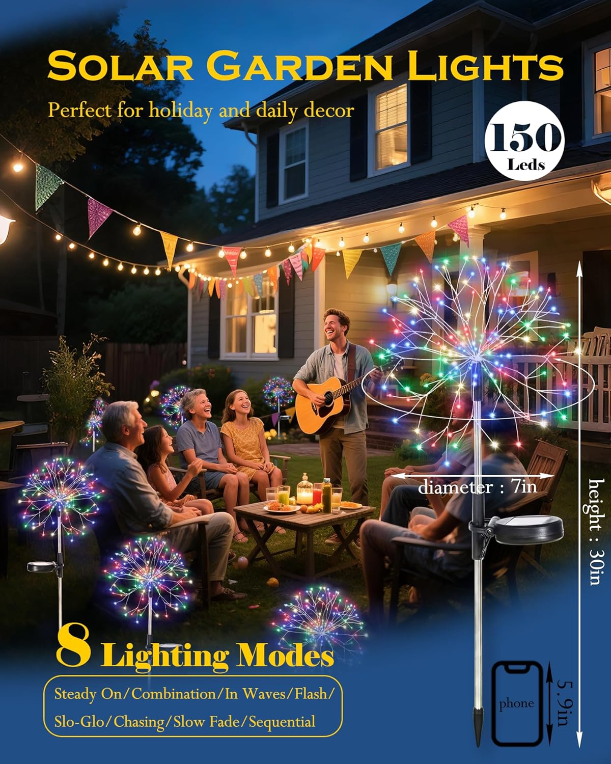 Solar Garden Lights Outdoor Yard Decorations, 4 Pack 150Leds Pathway Light, Fairy Firework Stake Lights for Garden, Patio, Pathway, Flowerbed Multicolor
