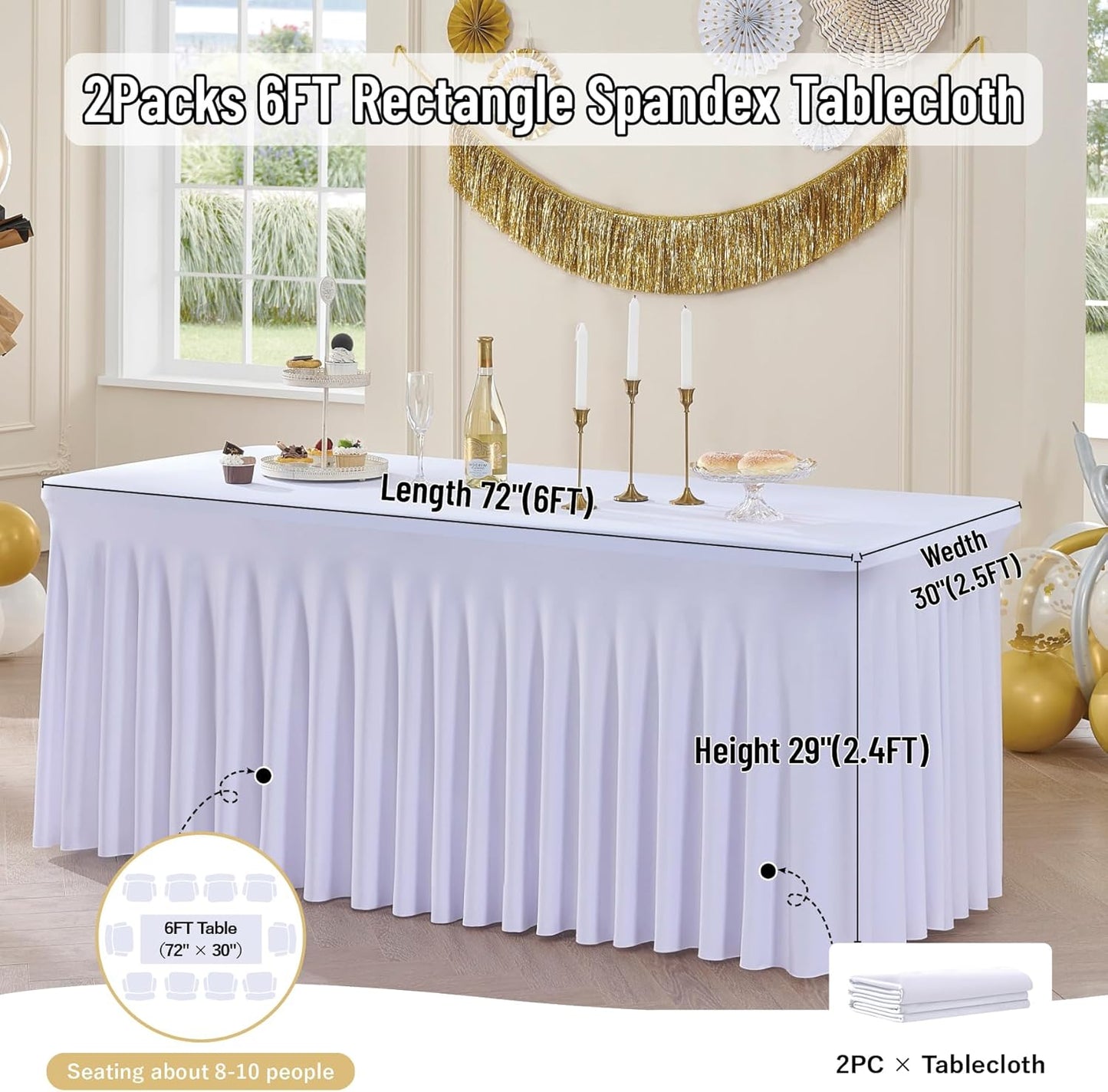 leegleri 2 Pack White Spandex Fitted Table Clothes for 6 Foot Rectangle Tables, Wrinkle Free 6ft Fitted Table Cover, Spandex Table Skirt for 6FT Rectangle Tables-for Banquet Weddings Parties