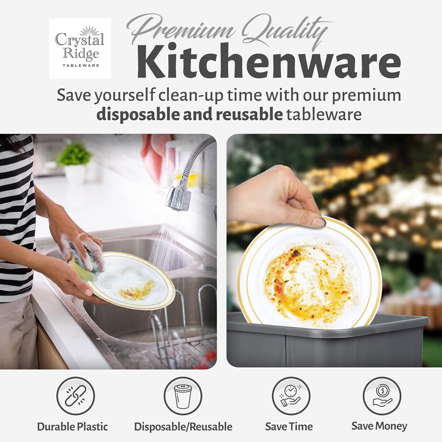 120-Piece Dinner Plastic Plates Set Premium 120 Dinner Plates, Disposable Plates for Party - White Plastic Wedding Plates with Gold Rim