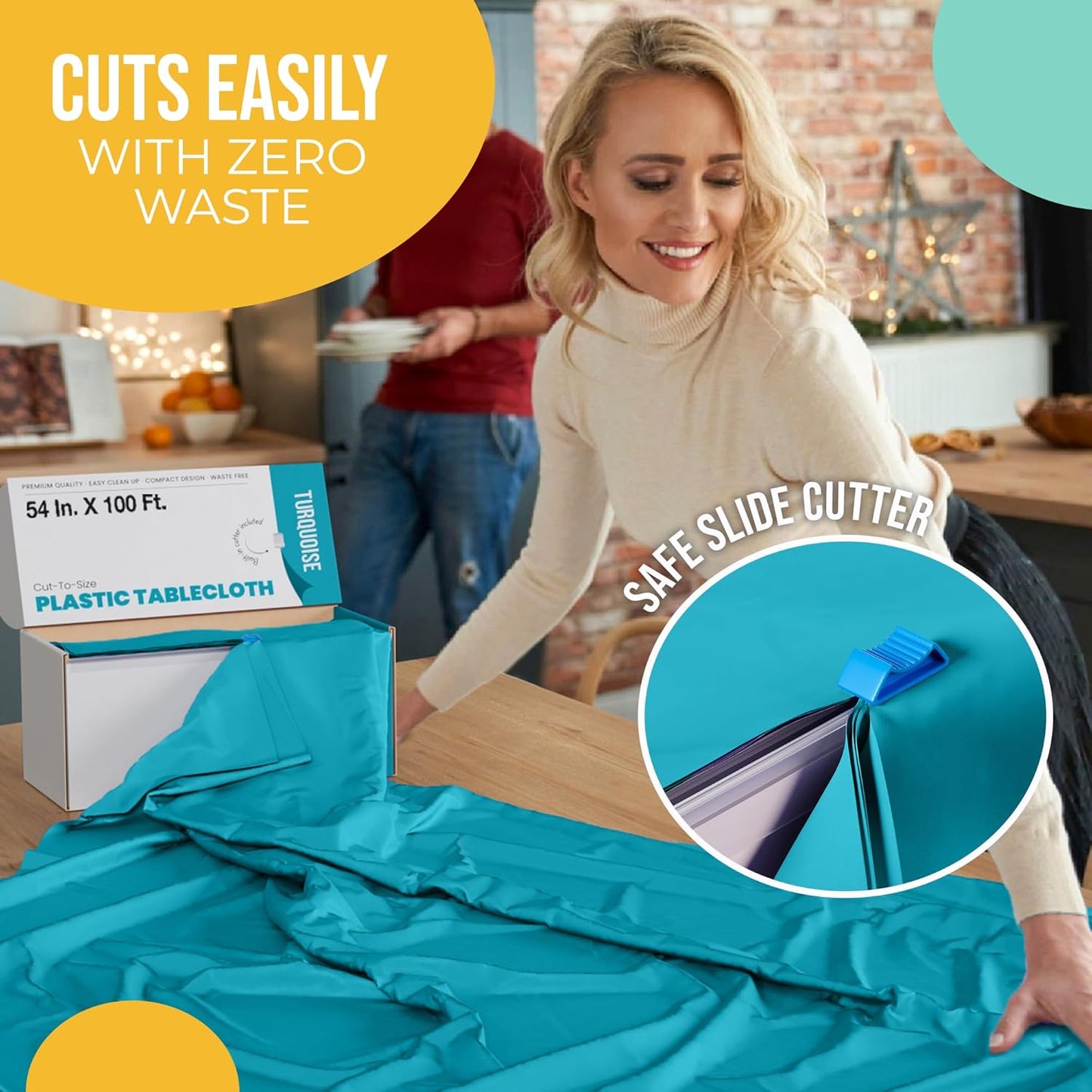 Party Solids 54 Inch X 100 Feet Turquoise Plastic Table Cover Roll in A Cut - to - Size Box with Convenient Slide Cutter. Cuts Up to 12 Rectangle 8 Feet Plastic Disposable Tablecloths