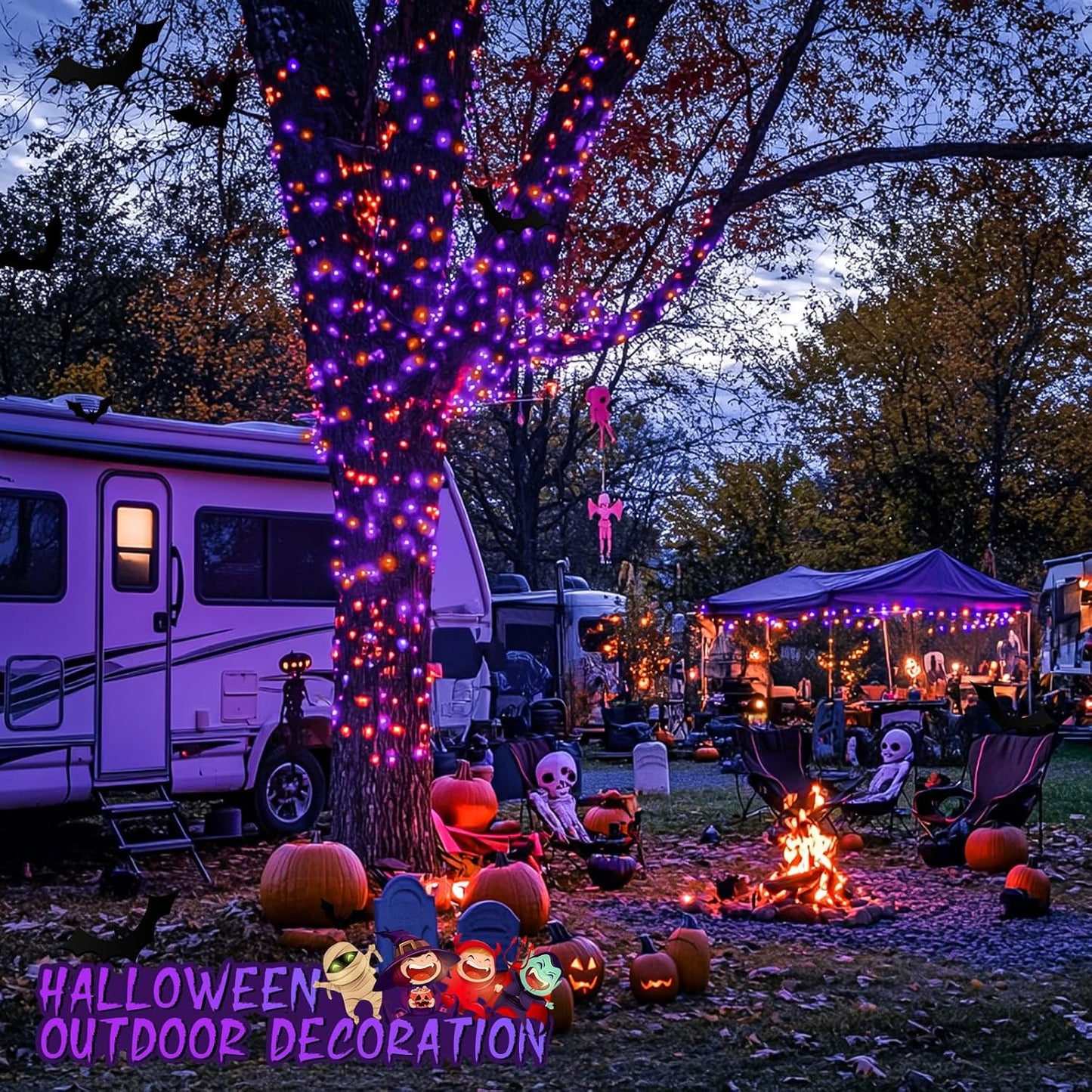 JMEXSUSS Halloween Lights Outdoor, 66FT Purple Orange Lights for Halloween Decorations, 200 LED Halloween String Lights Indoor for Bedroom Fireplace Mantel Party Patio Yard Door Halloween Tree