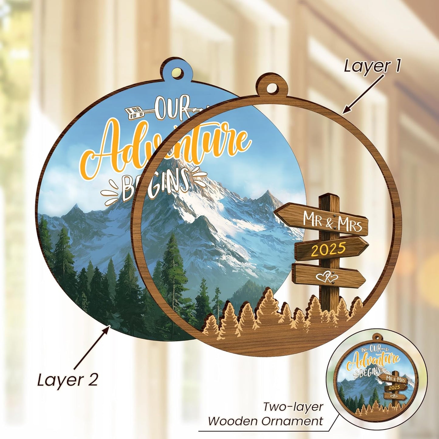Christmas Wedding Gifts for Couples 2025 - Adventure Start Two Layer Wooden Christmas Ornaments for Tree Decorations - Bridal Shower Marriage Newly Wed Engagement Gifts for Couples Decorations