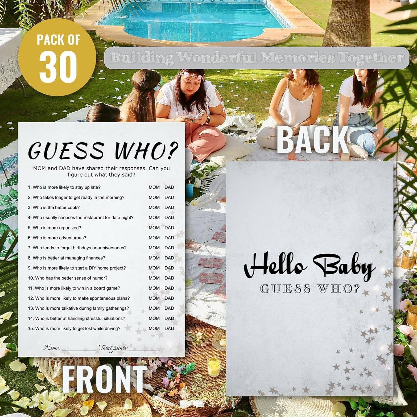 Baby Shower Guess Who Trivia Game Cards - 30 Player Family Friend Party, Minimalist Light Gray Design, Ready to Play, 5x7 Inch with Stars & Strips (Guess Who)