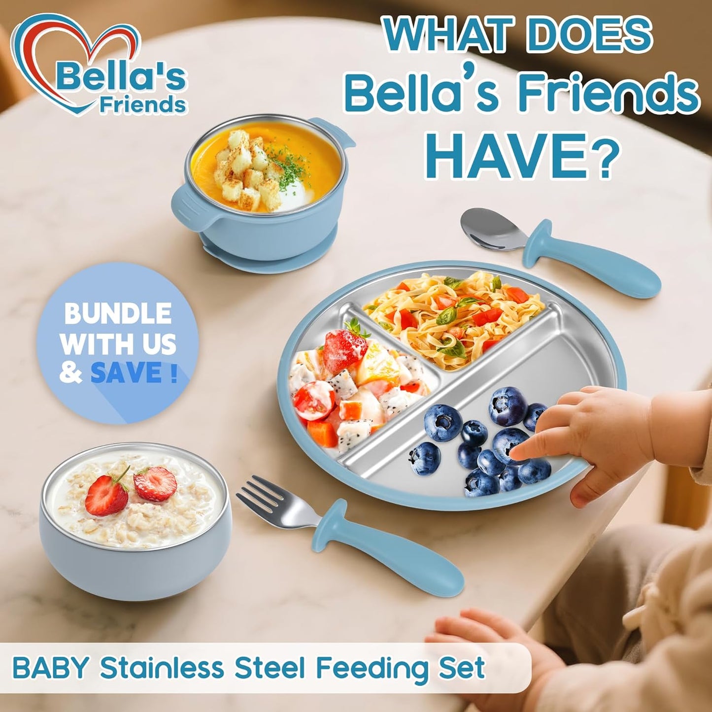 Bella's Friends Stainless Steel Toddler Plates Silicone Suction,3 Packs Non-Slip Baby Plates,Divided Portion,Food-Grade Silicone Plate for Kids,LEAD-FREE Dishwasher Safe,Grey Mint Green Pink