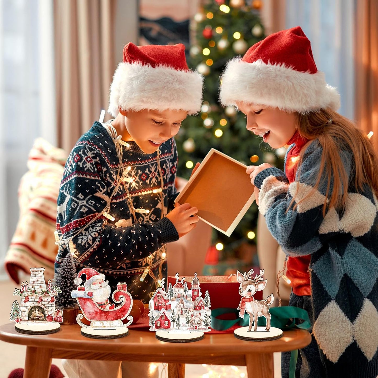 16 Pcs Wooden Classic Christmas Table Centerpiece Vintage Watercolor Xmas Tabletop Detachable Sign Farmhouse Snowman Deer Santa Table Toppers Display Decor Birthday Photo Props Party Favor Supplies