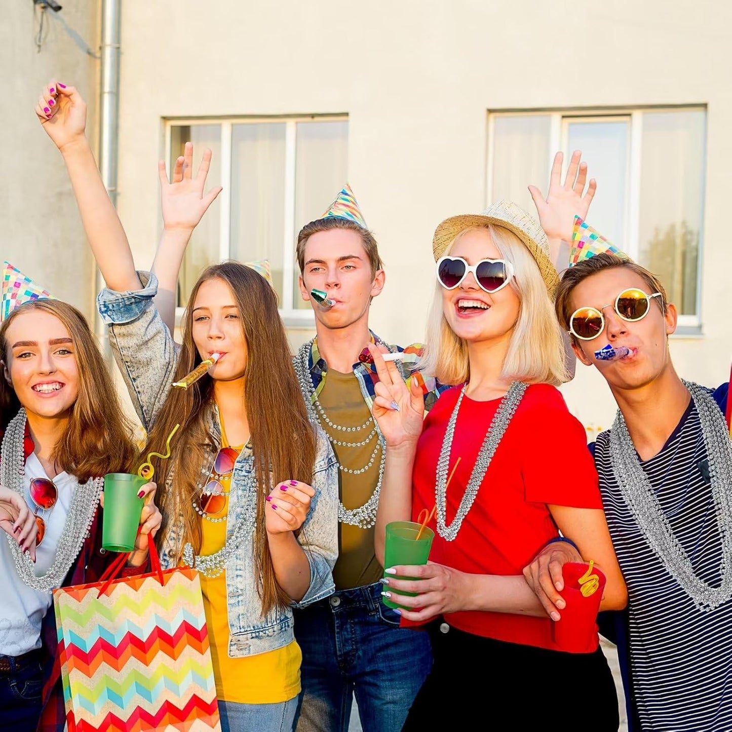 24PCS Christmas Bead Necklace, Silver Xmas Bead Stuff Party Favors, 33" Necklace Women Men Bulk, Festival Events Parade Throw Accessories for Christmas Mardi Gras Wedding Birthday Celebrations Decor