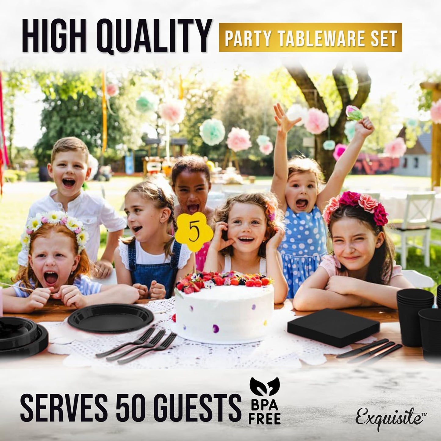 350 Pcs Black Plastic Plates For Party, Black Disposable Plates Set, 50 Of Each 9" Dinner Plate Set, 7" Dessert Plate, Cups, Napkins & Cutlery Plastic Dinnerware Exquisite