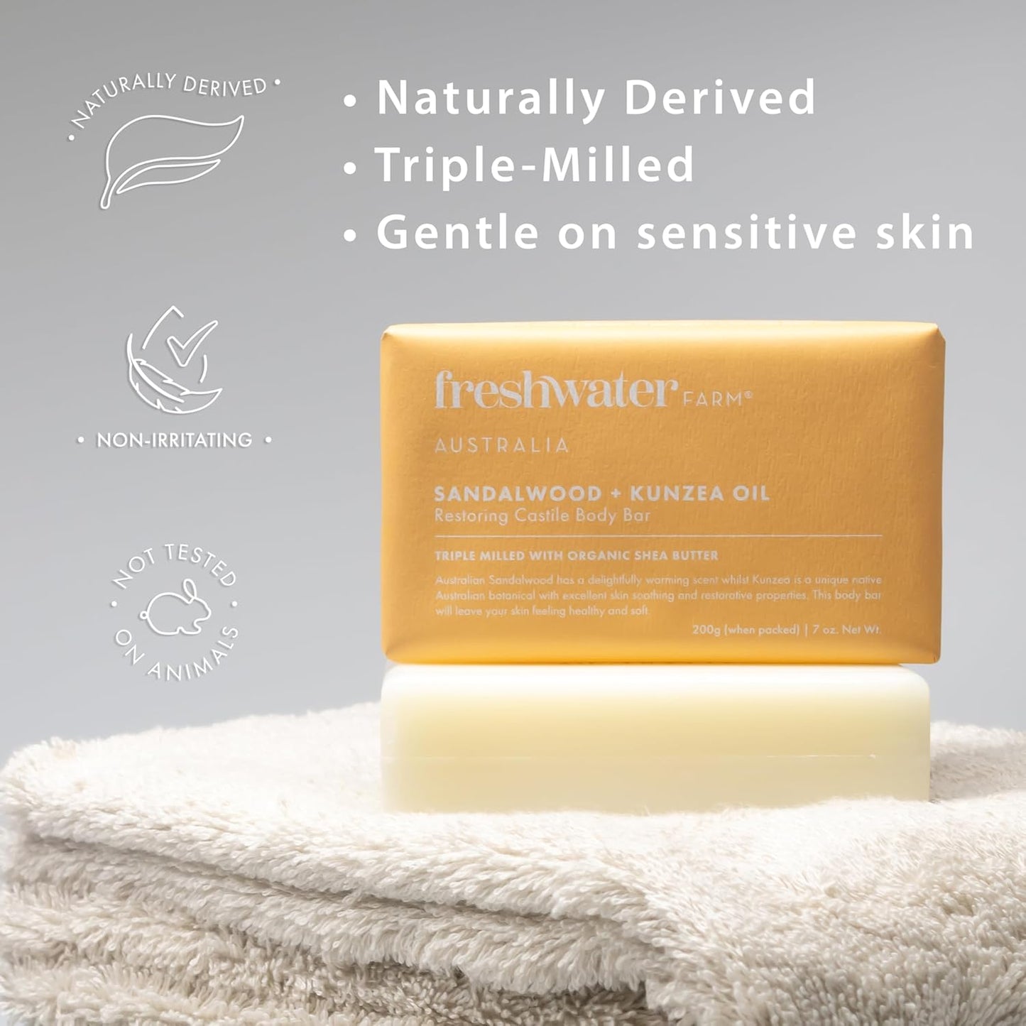 Freshwater Farm Australia Natural Soap Bar- Healing Sandalwood + Kunzea Oil 7oz x 8 Pack.Castile Natural Bar Soap/Body Soap Bars With Essential Oil For Sensitive Skin