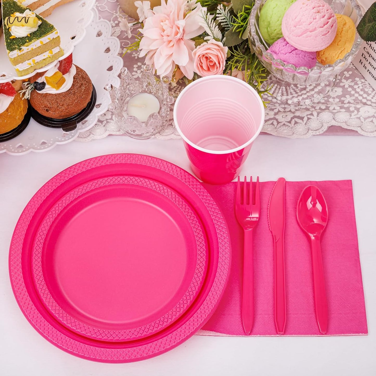 WELLIFE 210Pcs Hot Pink Plastic Plates, Disposable Dinnerware Set, Party Supplies Including Hot Pink plates, 12oz Cups, plastic Cutlery and Napkins Serve 30 Guests, Plastic Plates for Party