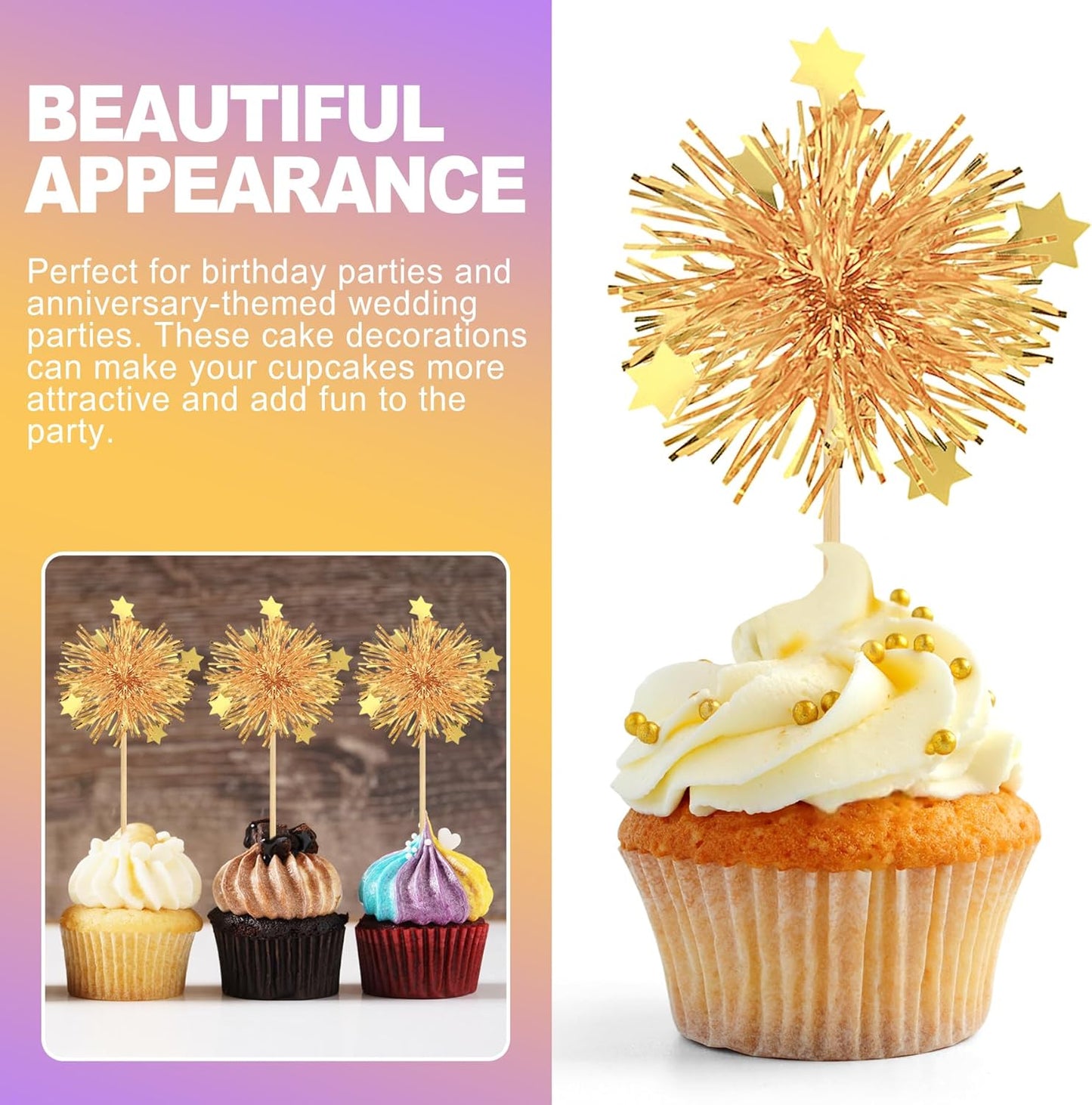 30 Pack Gold Firework Cake Toppers for Cupcakes and Desserts Sparkly Tinsel Cocktail Sticks for Celebration Anniversary Party Décor
