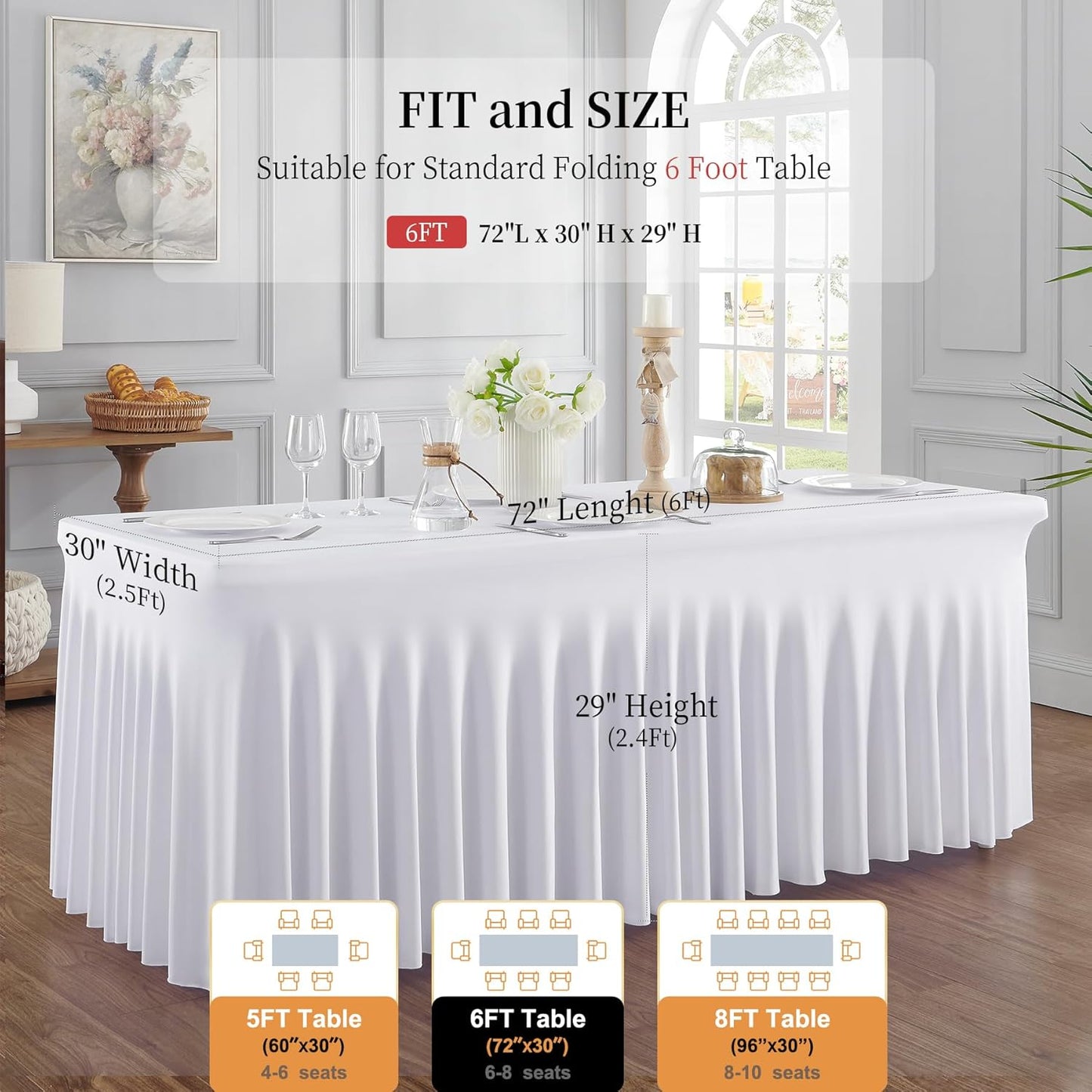 Outpain White Spandex Table Clothes for 6 Foot Rectangle Tables-8Pack 6FT Spandex Fitted Table Cover, Wrinkle Free Tablecloths with Skirt for Parties, Wedding, Birthday, Banquet, Festival