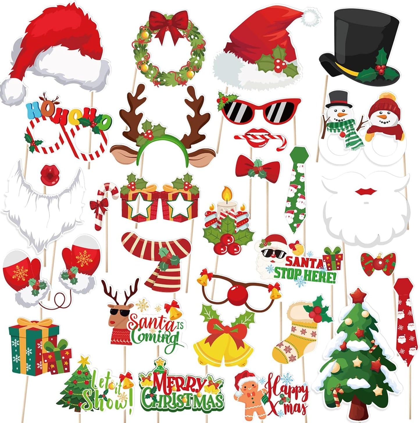 Christmas Photo Booth Props, 31Pcs Christmas Party Photo Shoot Props for Kids Adults for Xmas Holiday Party Photobooth Props Supplies