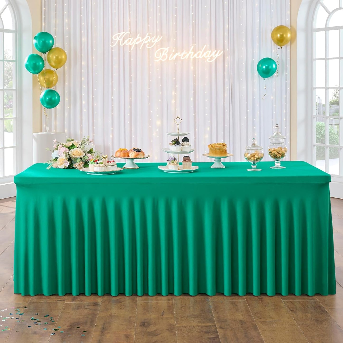 6 Pack Emerald Green Spandex Tablecloth for 8 Foot Rectangle Tables, Wrinkle Free Fitted Table Cloth Cover 8FT Green Stretchy Tablecloths with Skirt for Parties Weddings Birthday Banquet Baby Shower