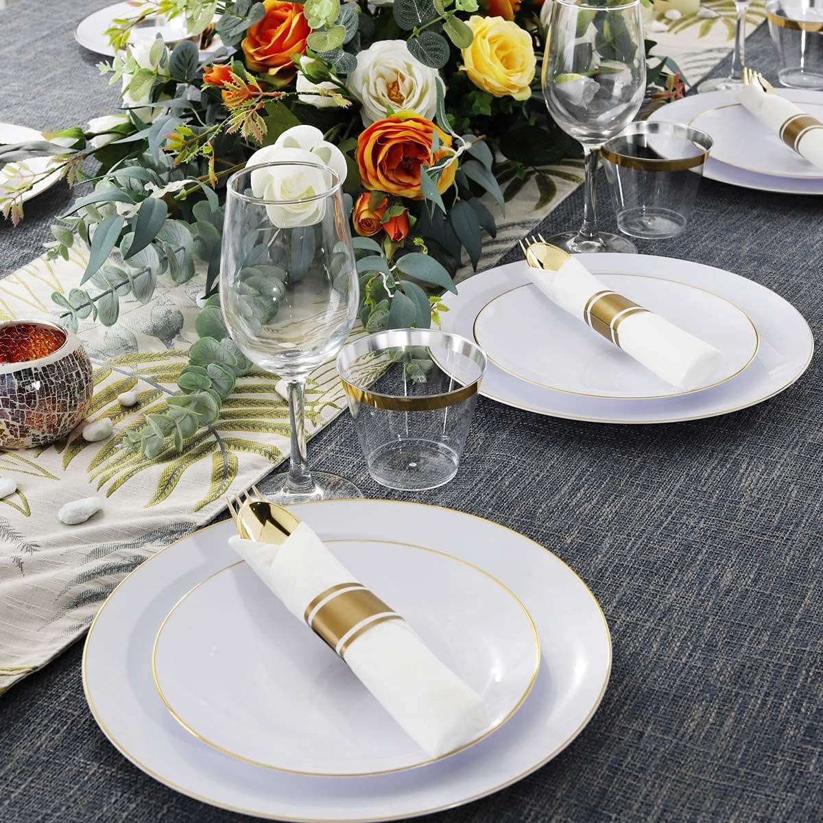 Supernal Pre Rolled Napkin with Gold Plastic Silverware Set of 30pack, Disposable Gold Silverware with Linen Napkin, Heavy Weight, Wrapped Plastic Silverware Suit for Wedding, Catering Event, Party