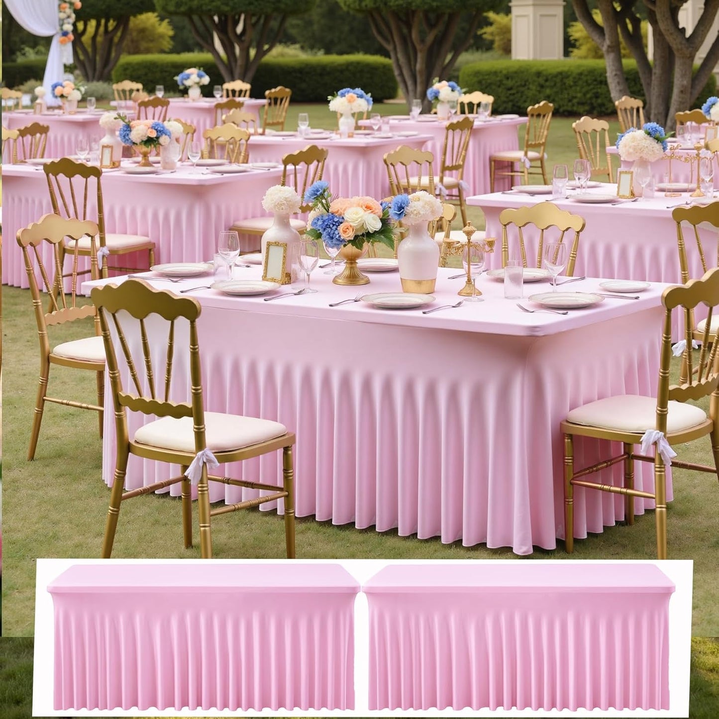 NSSONBEN 2 pk Baby Pink Spandex Tablecloth 6ft with Ruffle Table Skirt, Wrinkle Free Stretchy Fitted Tablecloths for 6 Foot Rectangle Tables, Elastic Spandex Table Covers for Weddings Parties Banquet