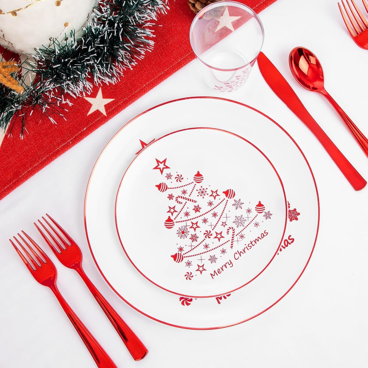 Supernal 150pcs Christmas Plastic Dinnerware Include Red Plastic Plates, Disposalbe Cups,Christmas Party Supplies,Red Plastic Silverware for Christmas Party and New Year