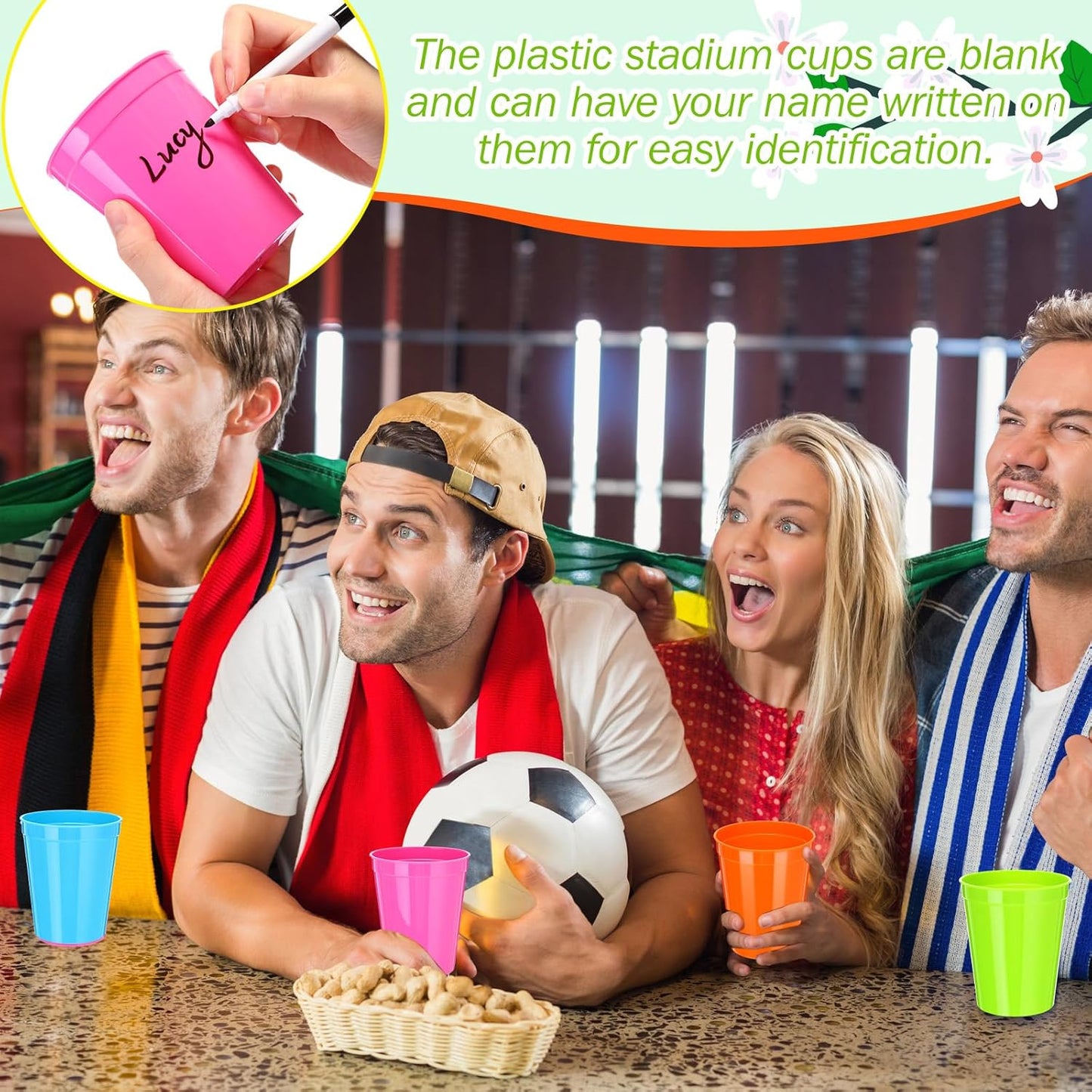 Yungyan 100 Pack 16oz Stadium Cups Reusable Plastic Cups Blank Drink Tumblers for Parties, Events, DIY Projects, 4.5 x 3.54 x 2.72 Inch (Bright Colors)