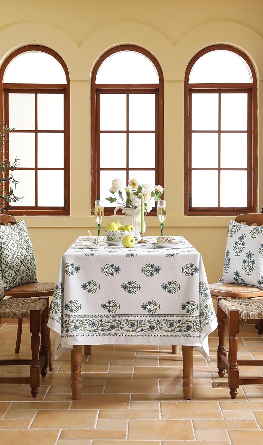 ISAENNE Designer White Linen Long Tablecloth Rectangle,Chinoiserie Floral Elegant Indoor Table Cloth,Fall Stain Proof Decor Tablecloths for Dining Thanksgiving Kitchen,63"*102"-Mosella F