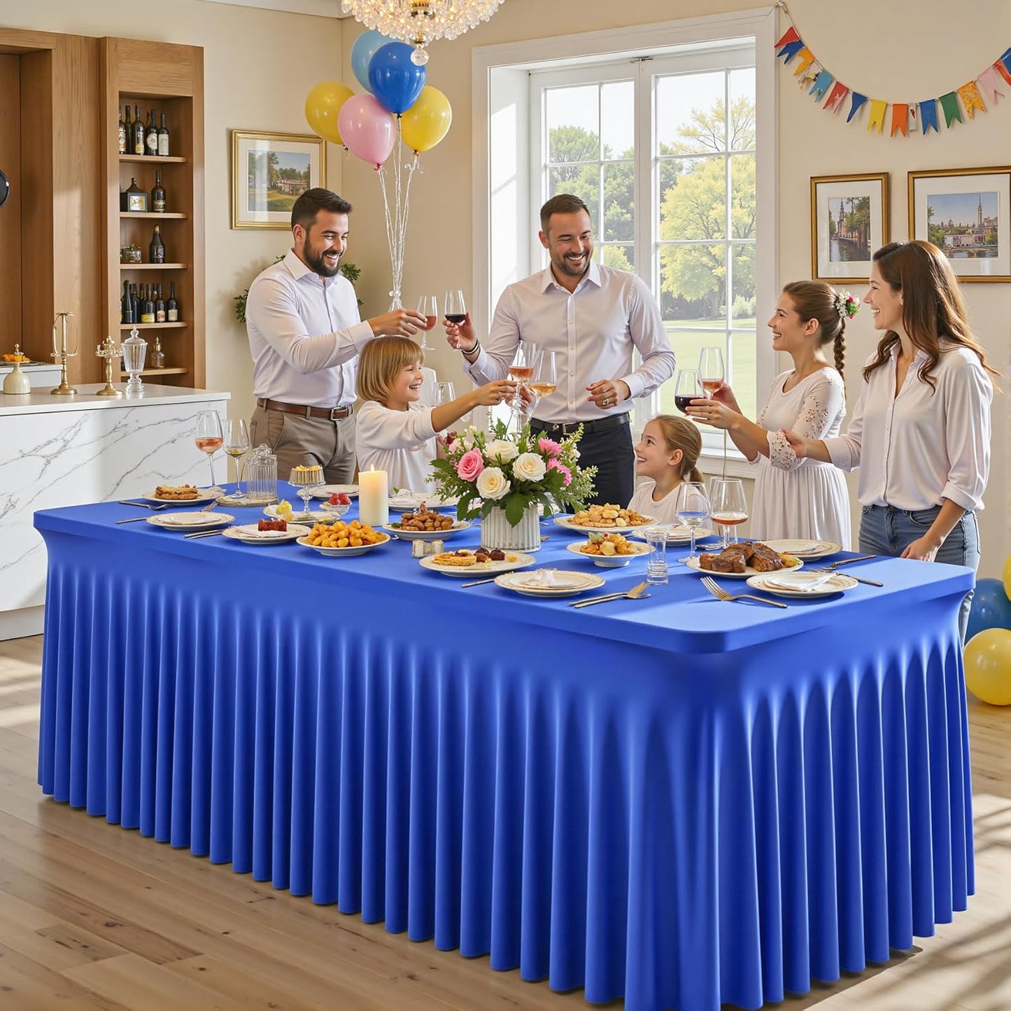 2 Packs Royal Blue Table Clothes for 4 Foot Rectangle Tables, One-Piece Wrinkle Resistant Stretch Spandex Table Covers with Skirt for Event Banquet Wedding Birthday Party