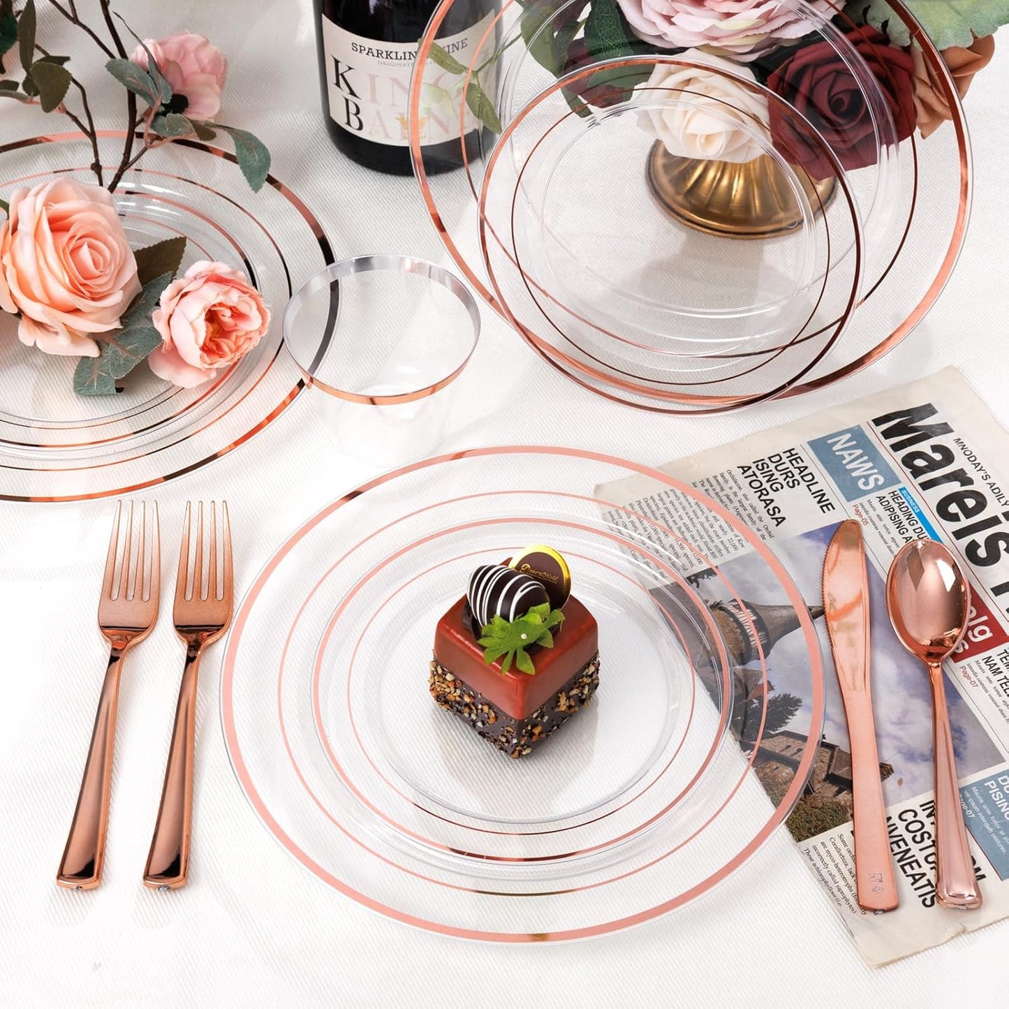 bUCLA 600PCS Clear Rose Gold Plastic Dinnerware Set Disposable - Include 100 Dinner Plates, 100 Dessert Plates, 100 Knives, 100 Forks, 100 Spoons, 100 Cups for Party, Wedding & Mother’s Day