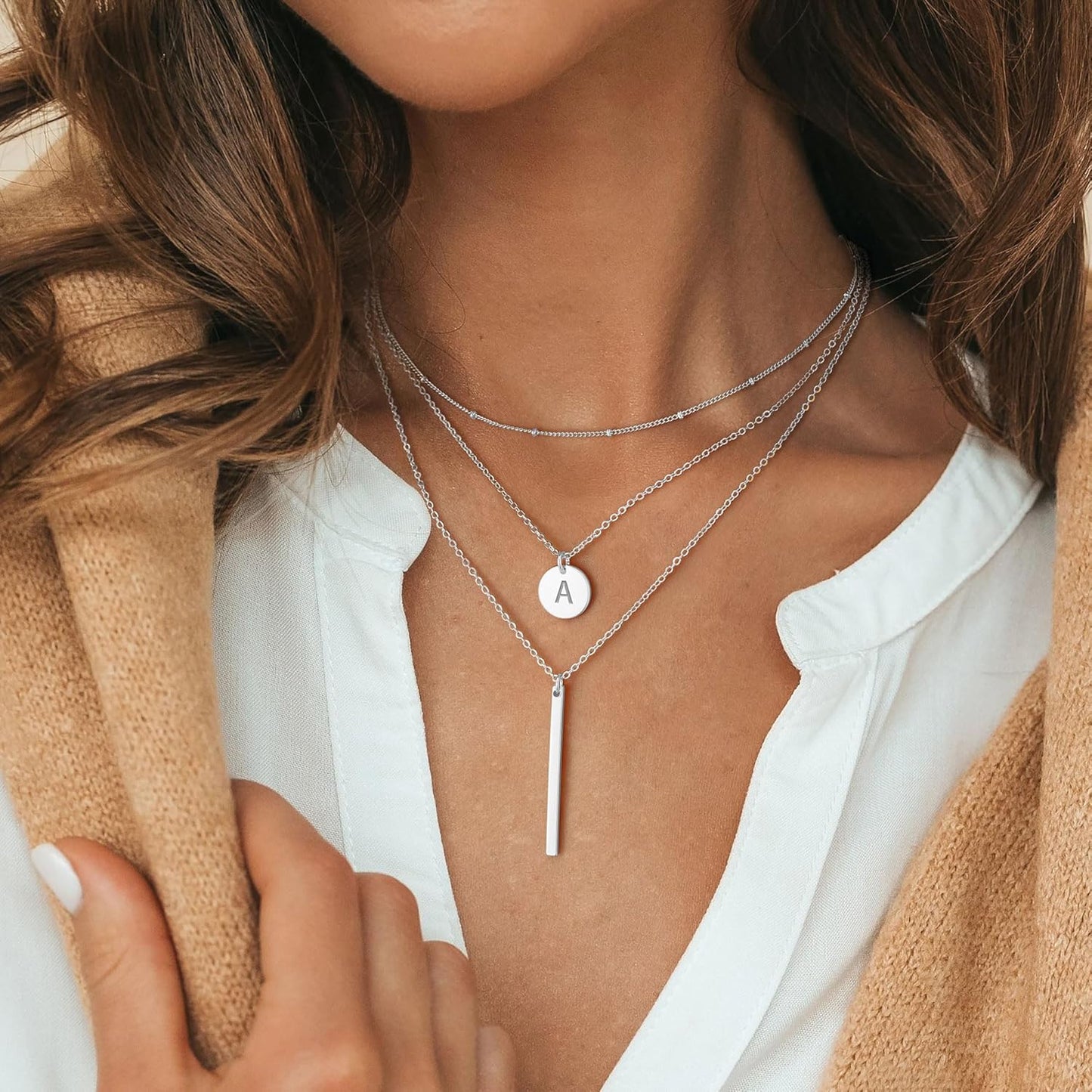 Initial Layered Necklaces for Women, 14K-Gold-Plated Coin Letter Necklace Bar Stacking Layer Necklace Multi Bar Layering Y-Necklaces Jewelry for Women