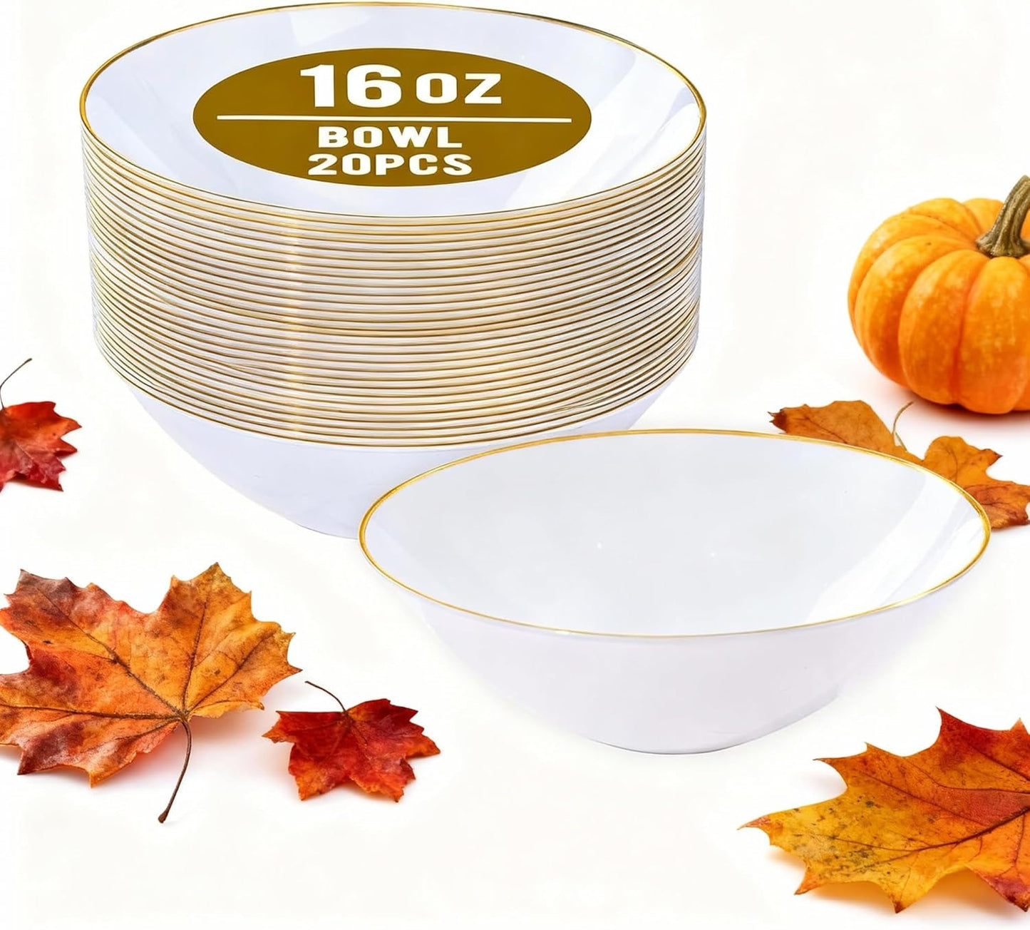 I00000 16 Oz 20 Count White Disposable Soup Bowls with Gold Rim Plastic Bowls Disposable Premium Heavyweight Elegant Plastic Salad Bowl for Thanksgiving, Parties, Weddings