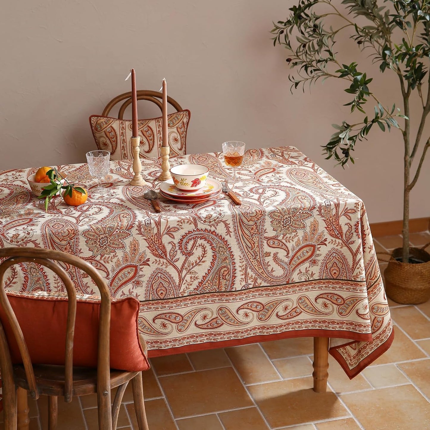 ISAENNE Designer French Red Long Rectangle Tablecloth,Linen Table Cloth with Cashew Pattern,Stain Proof Decor Tablecloths for Dining Thanksgiving Kitchen Christmas,63"*102"-Chauffrey D