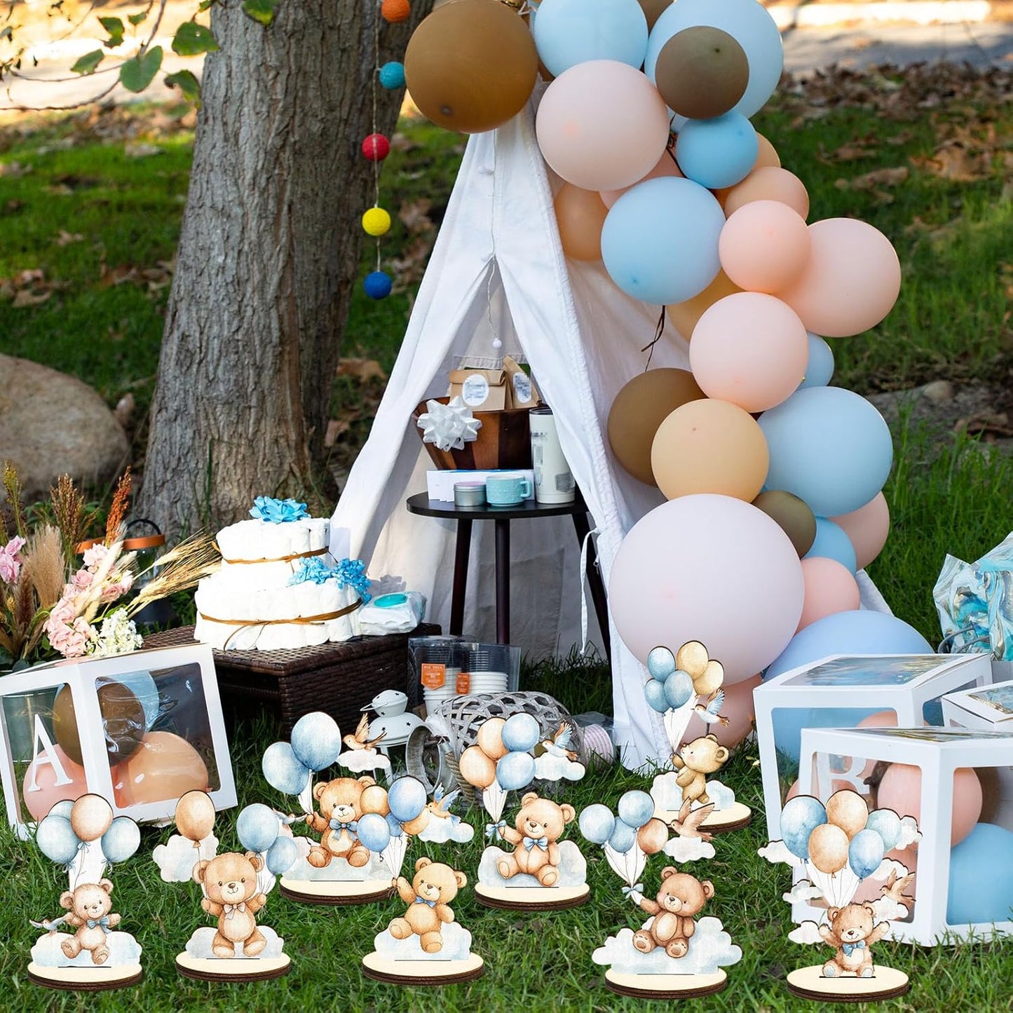 16 Pcs Wooden Baby Shower Table Centerpiece Blue Bear Tabletop Detachable Sign It's A Boy Gender Reveal Table Toppers Display Decoration Bear Birthday Photo Props Party Favor Supplies