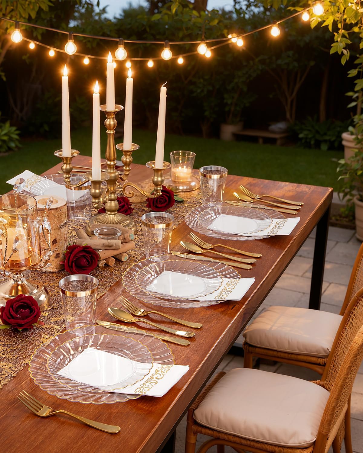 YOUBET 175PCS Gold Scalloped Plastic Plates - Clear and Gold Disposable Dinnerware Set Include 50 Plates, 75 Gold Silverware, 25 Cups, 25 Napkins for Party & Wedding & Thanksgiving