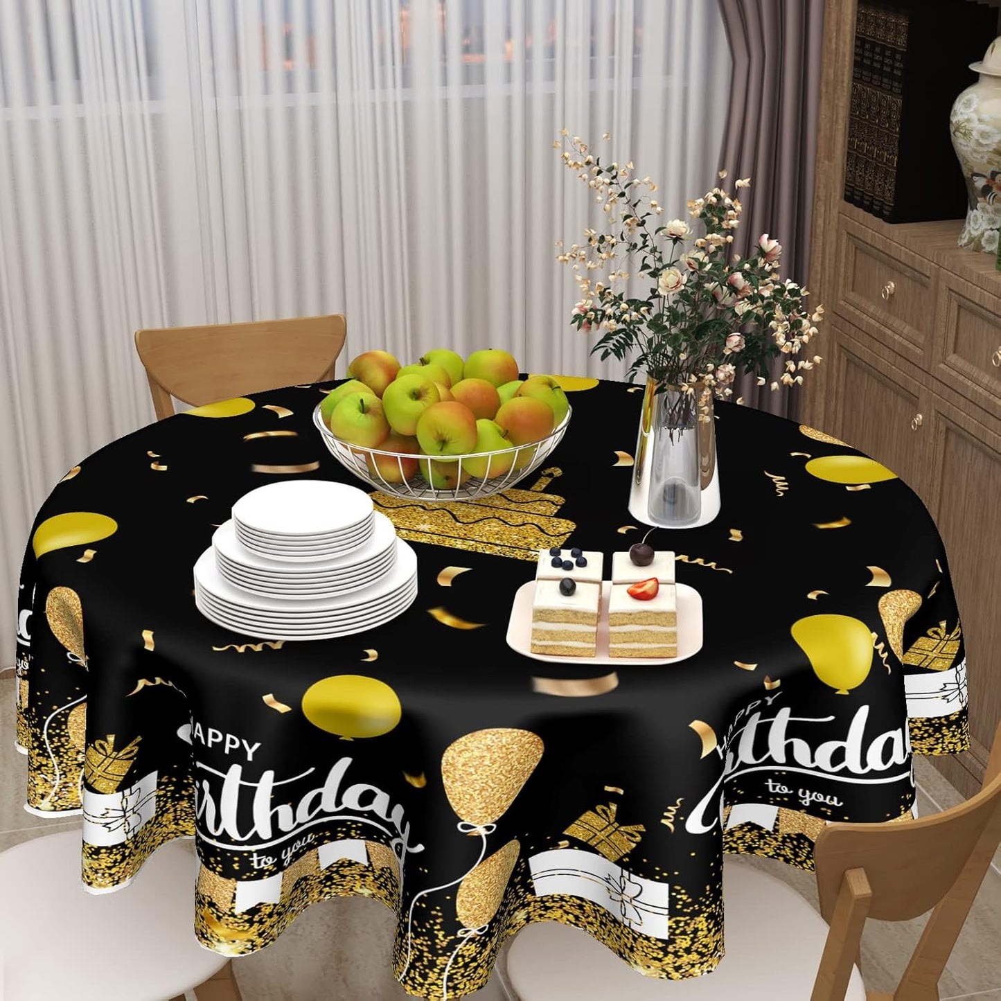 Giwawa Happy Birthday Round Tablecloth 60" Black Gold Birthday Cake Confetti Flags Balloons Gifts Decorative Circle Table Cloth Cover Stain & Wrinkle Resistant for Dining Room Kitchen Indoor Outdoor