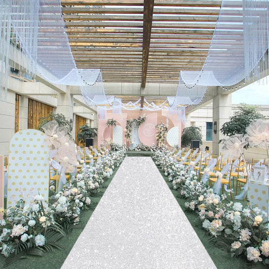 FUHSY Aisle Runners for Wedding Ceremony Silver 2FT x 15FT Sequin Fabric Aisle Runner Sparkly Aisle Carpet Runner for Prom Party Runner Rug Wedding Walkway Decor Outdoor Floor Runners for Grass