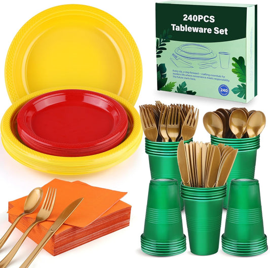 240 Pieces Fall Plastic Dinnerware Set Disposable Party Plates Napkins Cups and Silverware Dessert Dinner Plates for Birthday Wedding Thanksgiving Party Supplies, Serves 30 Guests