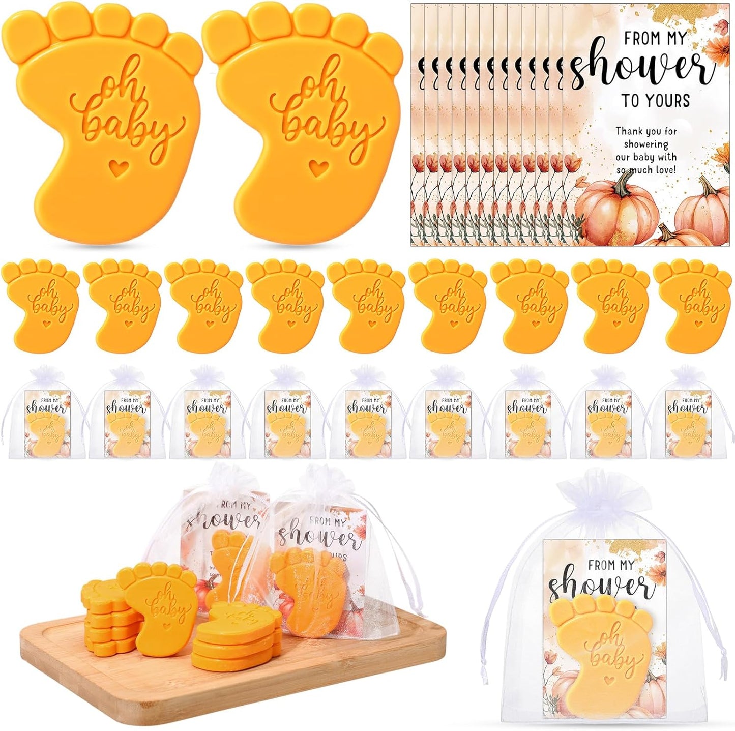 50 Sets Baby Shower Soap Favors for Guests - Mini Handmade Footprint Scented Soap with Thank You Cards and Organza Bag, Party Gifts for Gender Reveal Baptism Shower(Pumpkin Orange)