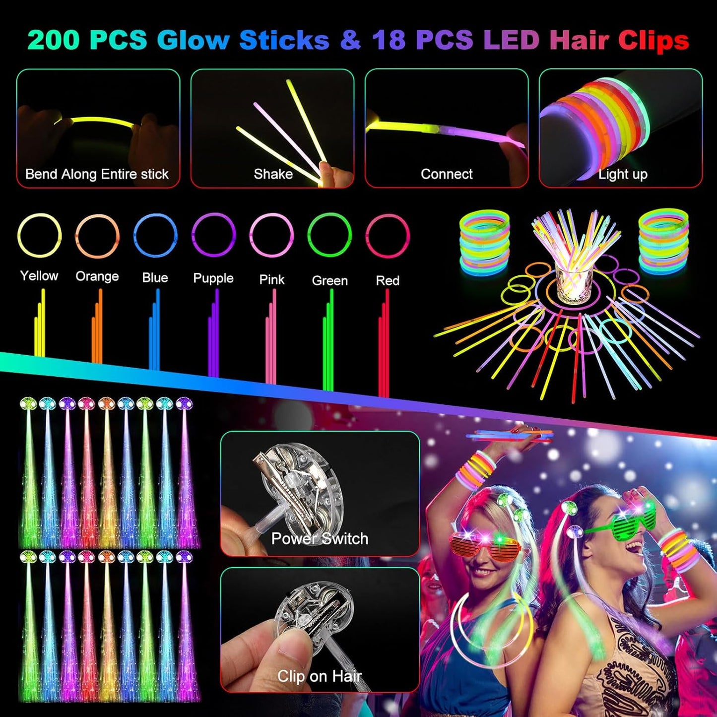 290 PCS Glow in the Dark Party Supplies, 200 Glow Sticks, 24 Fiber Optic Wands, 15 LED Glasses, 33 Finger Lights and 18 LED Hair Clips for Wedding, Birthday, Concert, Raves, New Year