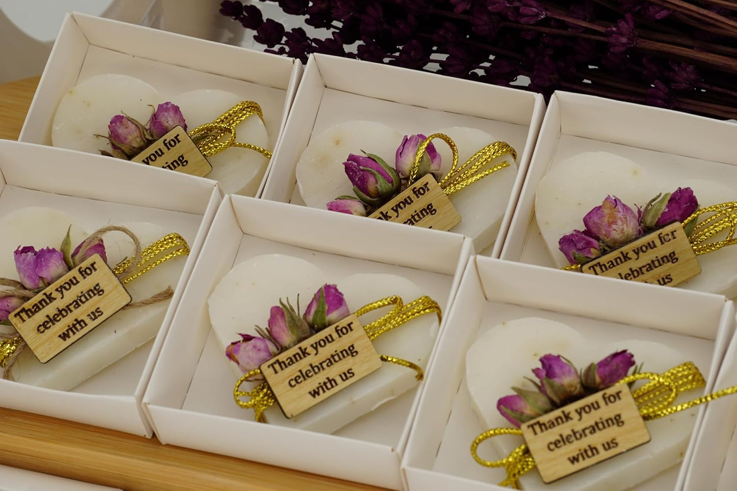 Heart Shaped Soaps 12-Pack, Handmade Scented Mini Soaps for Bridal Shower Party Favors, Wedding, Baby Shower, Thanks You for Celebrating with Us Wooden Tag, White Box