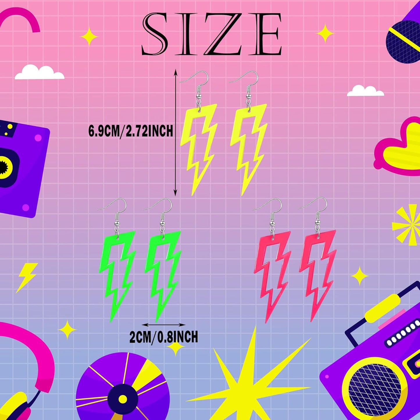 80s 90s Neon Earrings for Women Retro Cassette Tape Hoop Earring Candy Color Lightweight Acrylic Stud Dangle Earrings for 80S Costume Outfits Dancing Glow Party Accessories