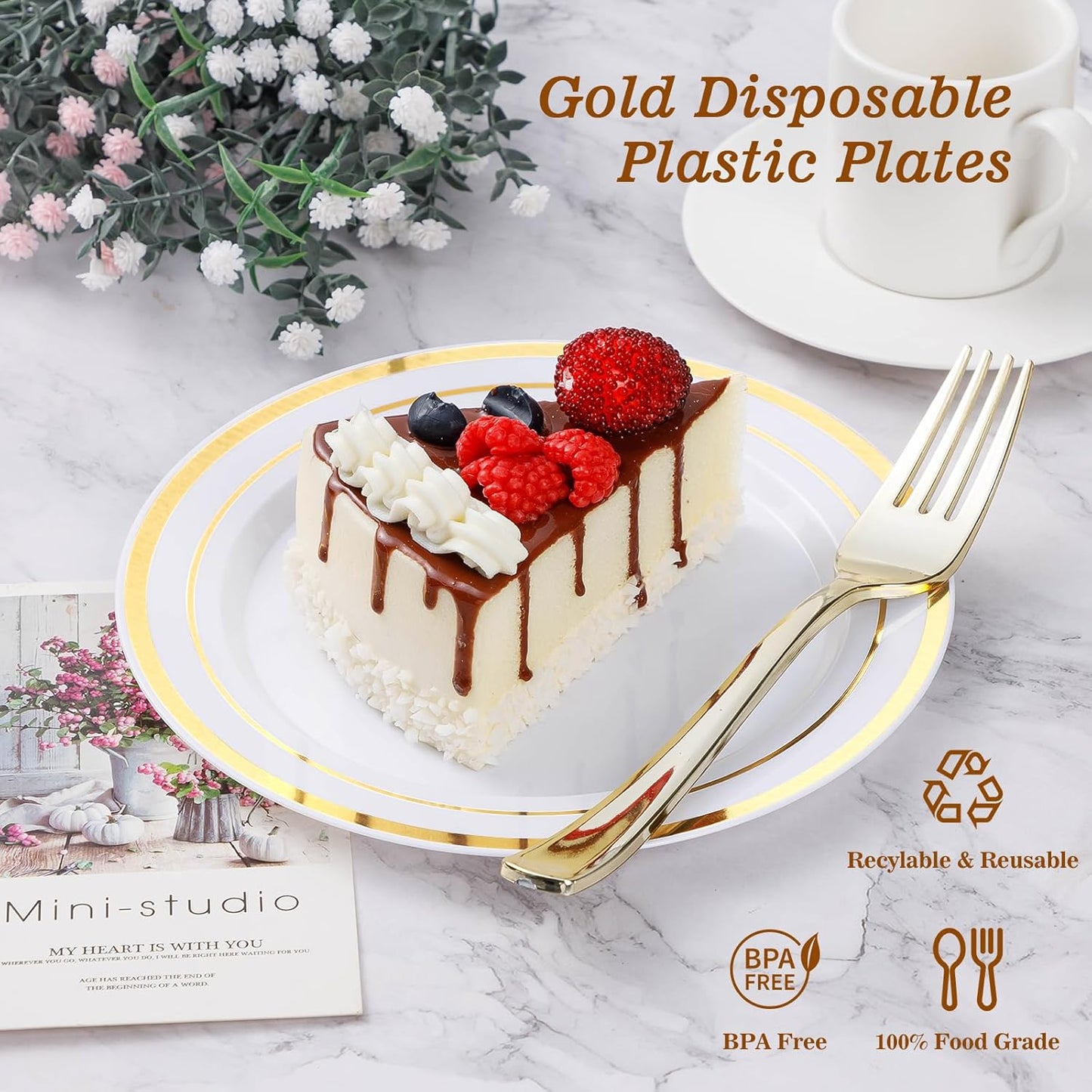 BESTVIP 50PCS Gold Plastic Plates, 10.25 Inch Disposable Dinner Plate Party with Gold Rim, Heavy Duty Disposable Plastic Plates for Christmas, Thanksgiving, Party, Wedding and Birthday