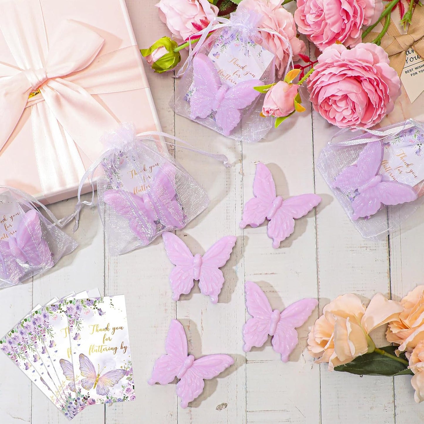 Dunzy 100 Set Butterfly Theme Baby Shower Favors for Guests Christmas Butterfly Soap Favors with Thanks You Cards Gender Reveal Baptism Party Decorations Wedding Bridal Souvenirs (Purple)