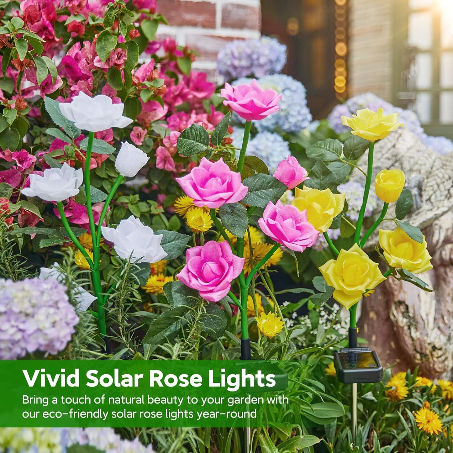 RECHOO Solar Garden Lights Outdoor Decorative, 3 Pack Solar Flower Lights with 15 Rose Flowers, Multi-Color Changing LED Waterproof Garden Decor for Patio Yard Pathway Decoration