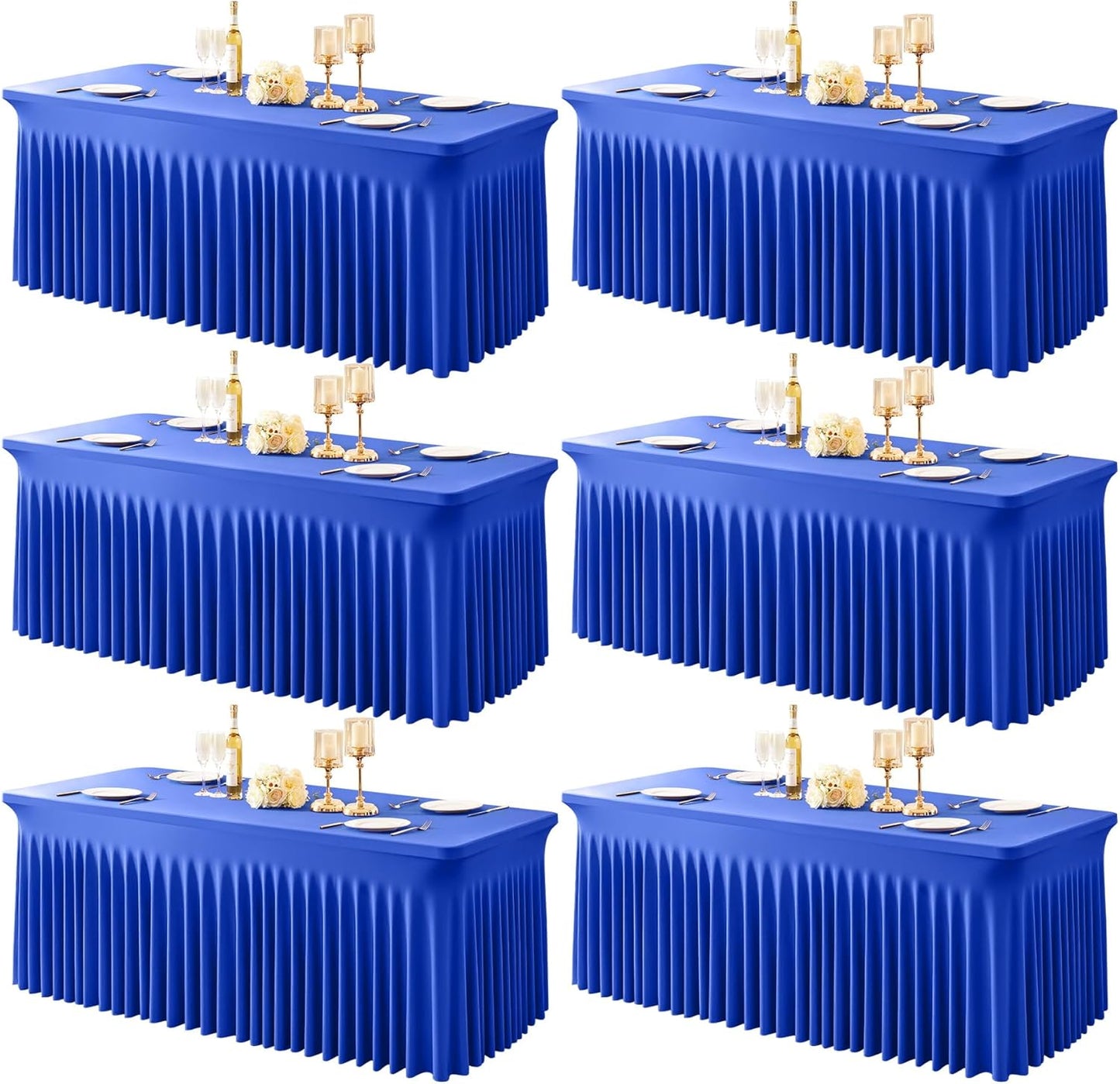 6 Packs Royal Blue Table Clothes for 8 Foot Rectangle Tables, One-Piece Wrinkle Resistant Stretch Spandex Table Covers with Skirt for Event Banquet Wedding Birthday Party