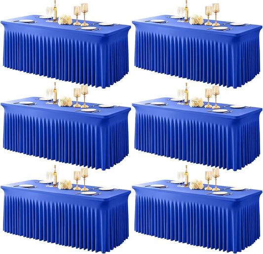 6 Packs Royal Blue Table Clothes for 8 Foot Rectangle Tables, One-Piece Wrinkle Resistant Stretch Spandex Table Covers with Skirt for Event Banquet Wedding Birthday Party